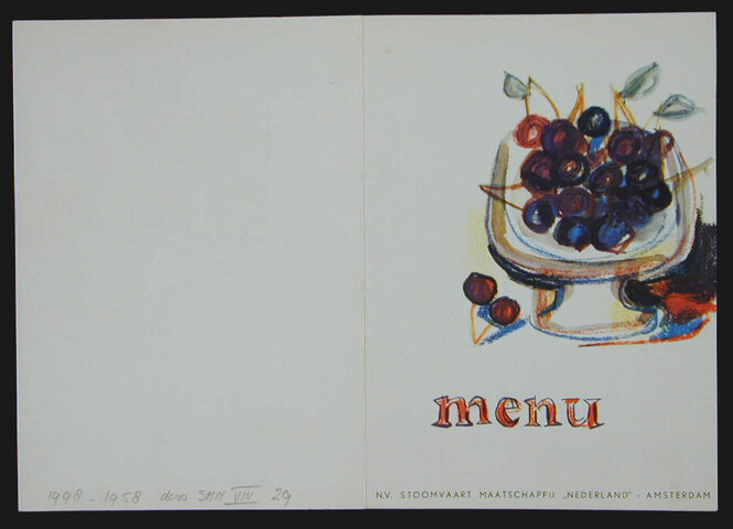 1998.1958; Menukaart voor een diner op 2 juli 1958 aan boord van ms. Johan van Oldenbarnevelt van de SMN; menukaart