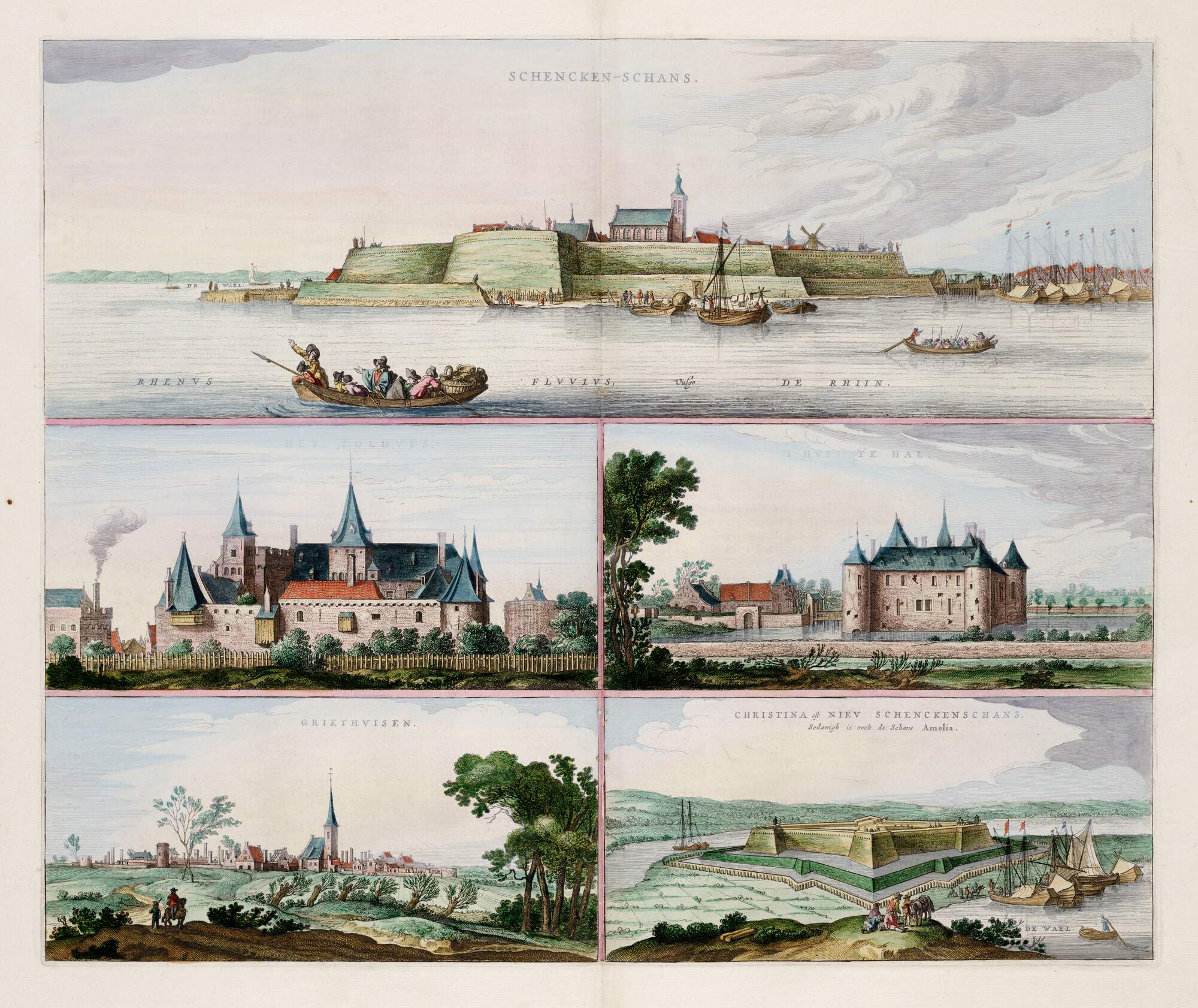 S.1034(15) [kaart 121]; Gezicht op Schenkenschans, het Tolhuis, Griethuizen, het Huis te Hal en de; prent
