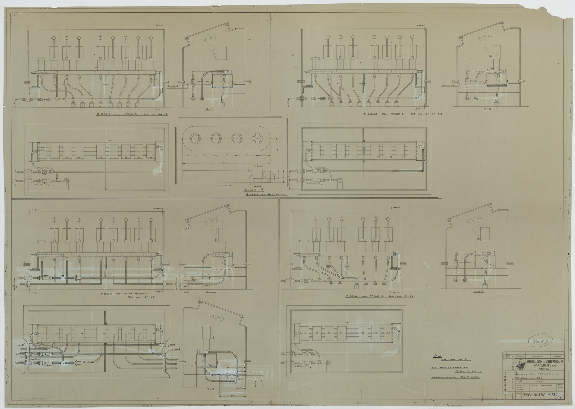 S.5444(231.11.9); Samenstelling hydraulische aansluiting luikhoofden op dek van de mammoettankers Melania, Mysella en Marticia; technische tekening
