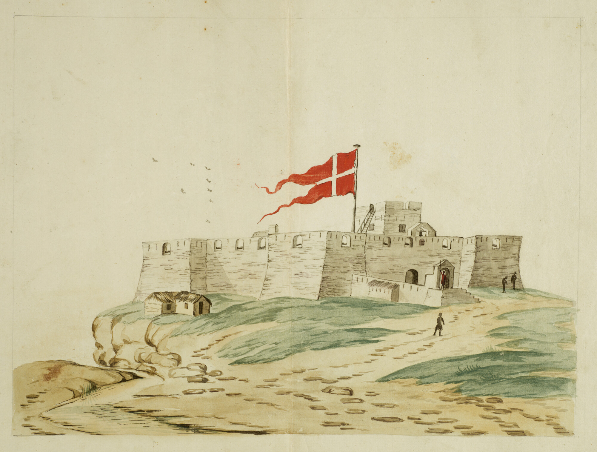 2004.5207; Het Deense fort Christiansburg aan de kust van West-Afrika; tekening
