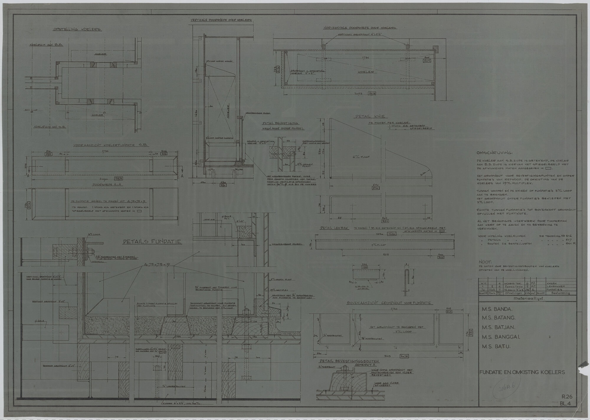 S.5444(206A.6); Fundatie en omkisting koelers van het vrachtschip ms. Batu van de SMN; technische tekening