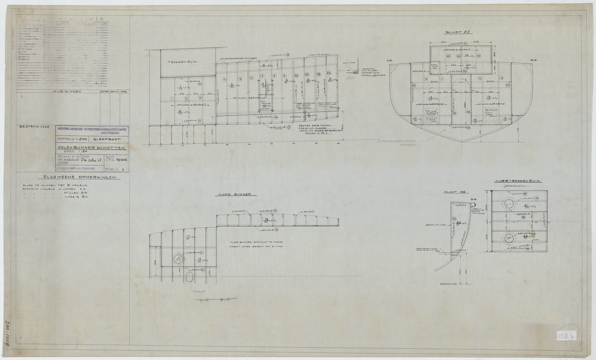 S.5444(128.07); Kolenbunker schotten van de havensleepboot 'Annie Goedkoop'; technische tekening
