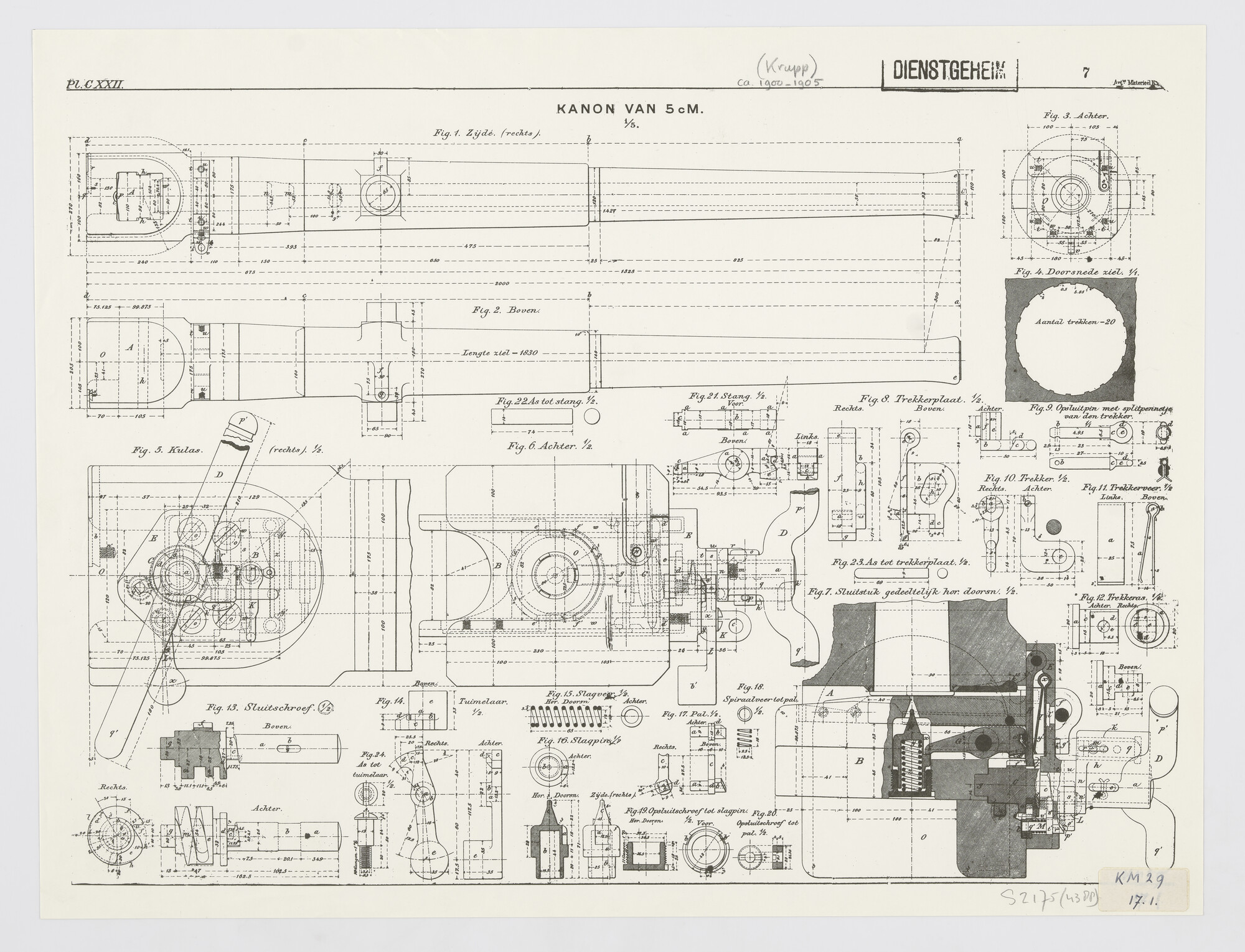 S.2175(4388); Snelvuurkanon 5cm L/40 op middenpivot; technische tekening