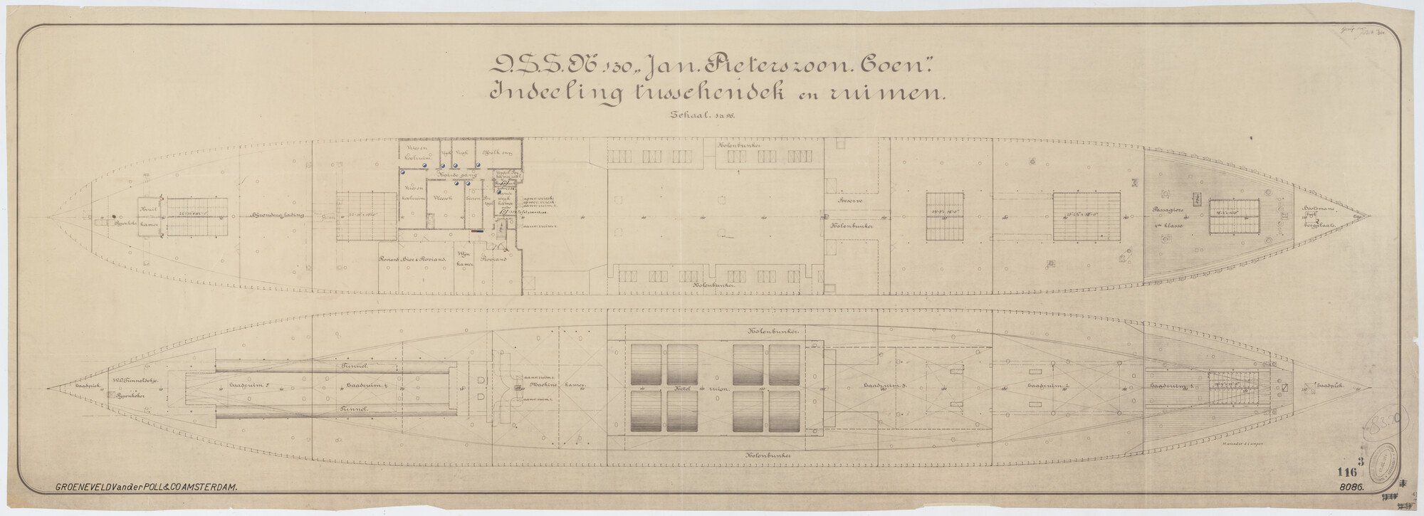 S.5444(083.20); Indeling tussendek en ruimen van het passagiersschip ss. Jan Pieterszoon Coen van de SMN; technische tekening