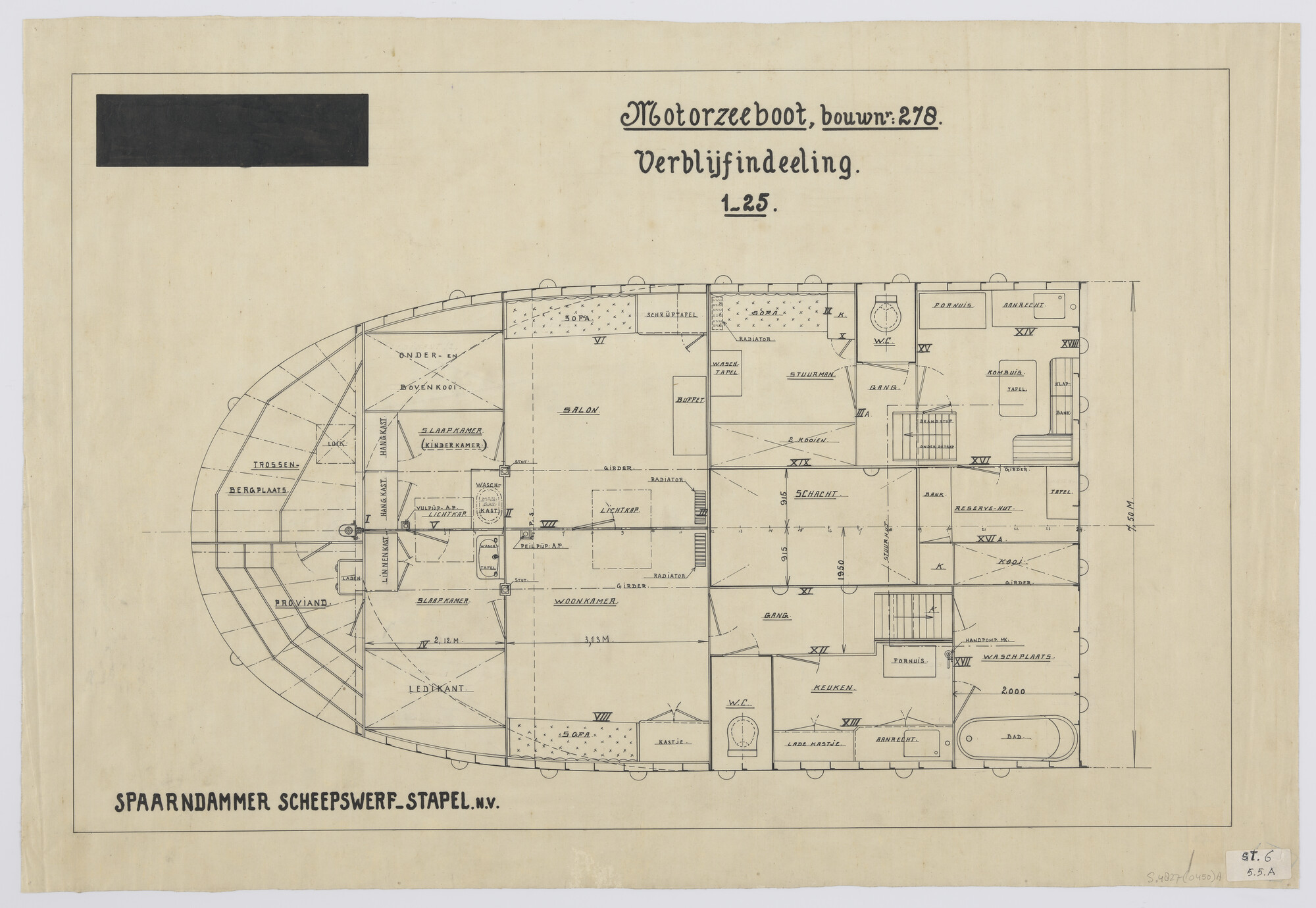 S.4827(0450)a; Indelingsplan achterschip van de coasters ms. 'Joma' en 'Maartje B.'; technische tekening