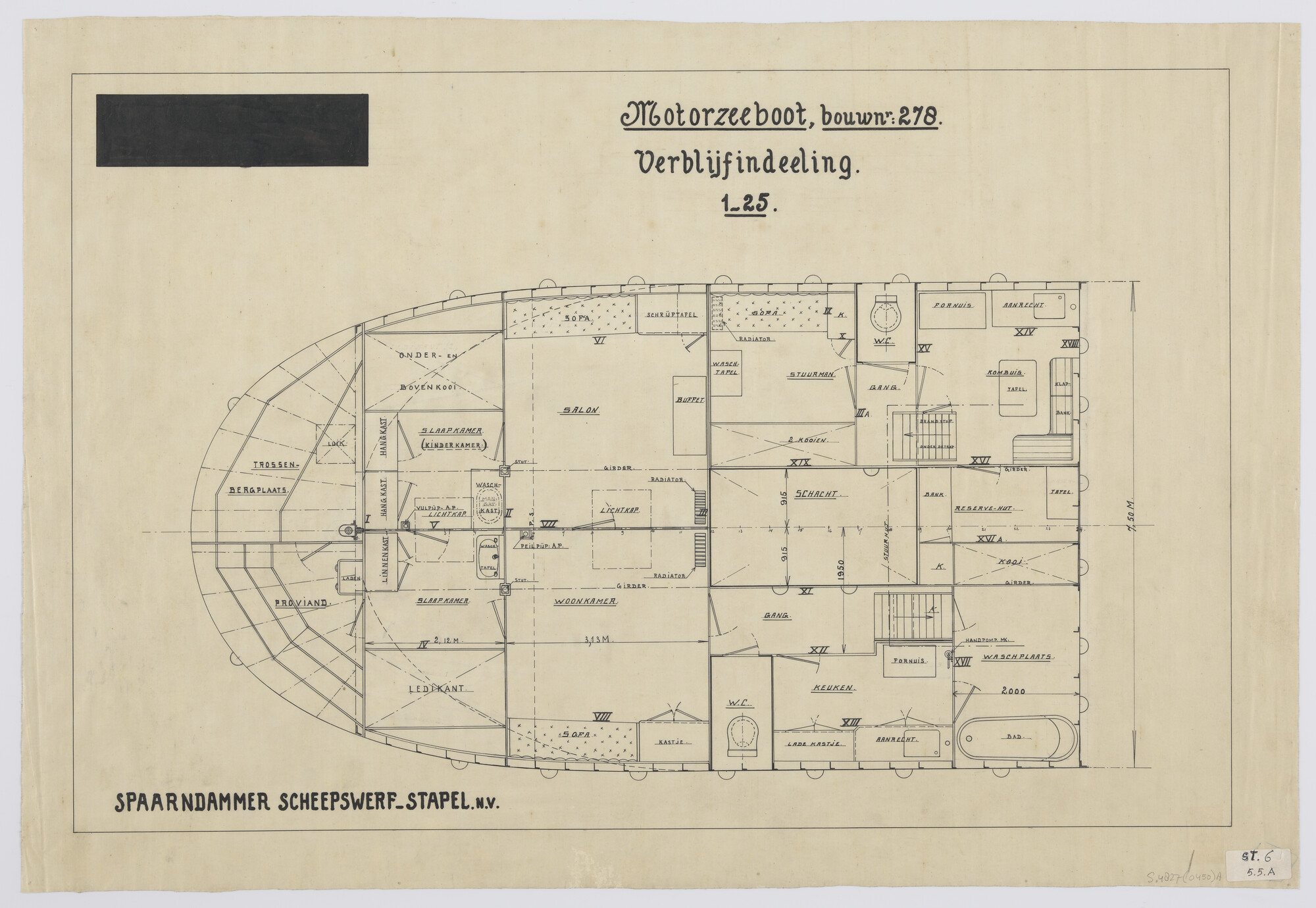 S.4827(0450)a; Indelingsplan achterschip van de coasters ms. Joma en Maartje B.; technische tekening