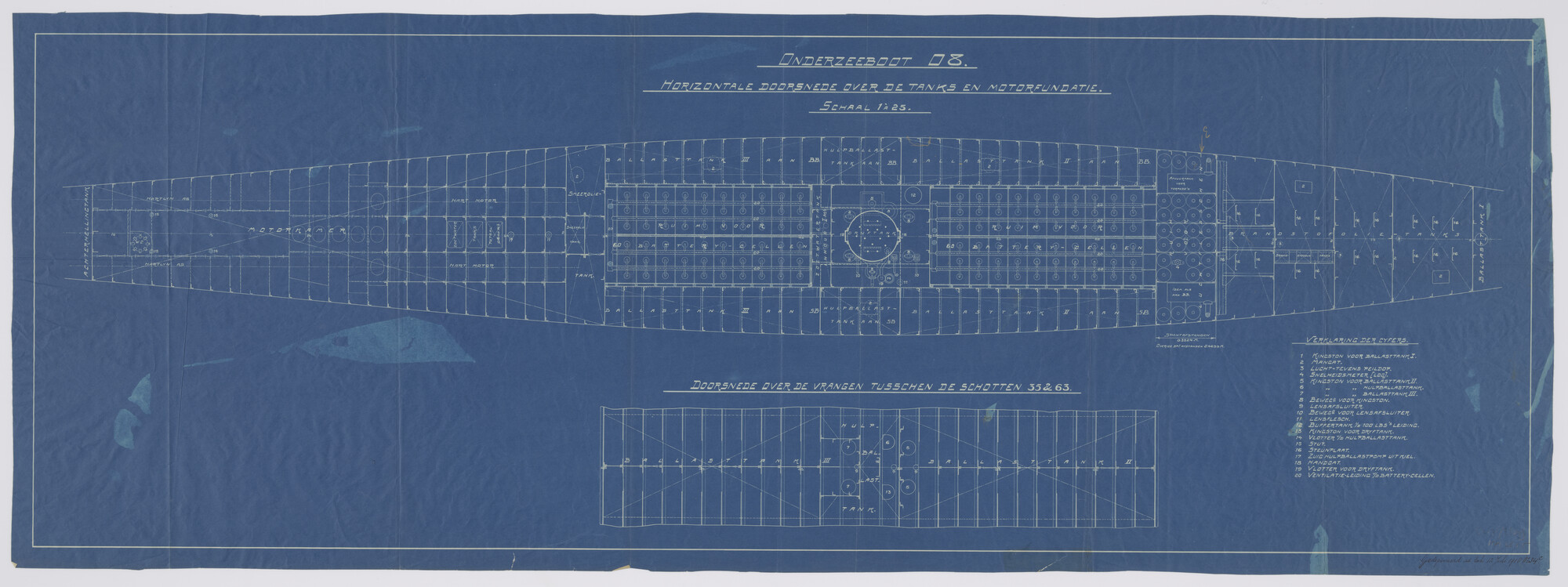 S.2175(3819); Horizontale doorsnede over tanks en motorfundaties aan boord van de onderzeeboot Hr.Ms. 'O 8'; technische tekening