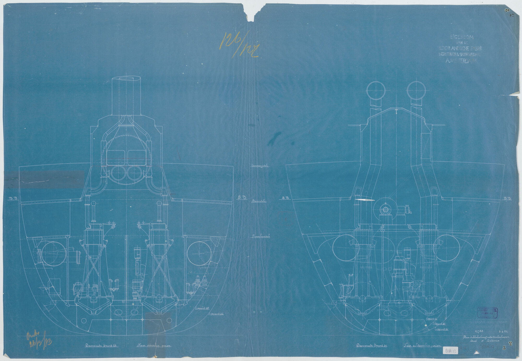 S.5444(081A.12); Plan voor dubbelschroef motor, doorsnede spant 23 en 24, van de tanker ms. "Artemis" en "Ares" van de Nederlandsch Indische Tankstoomboot Maatschappij; technische tekening