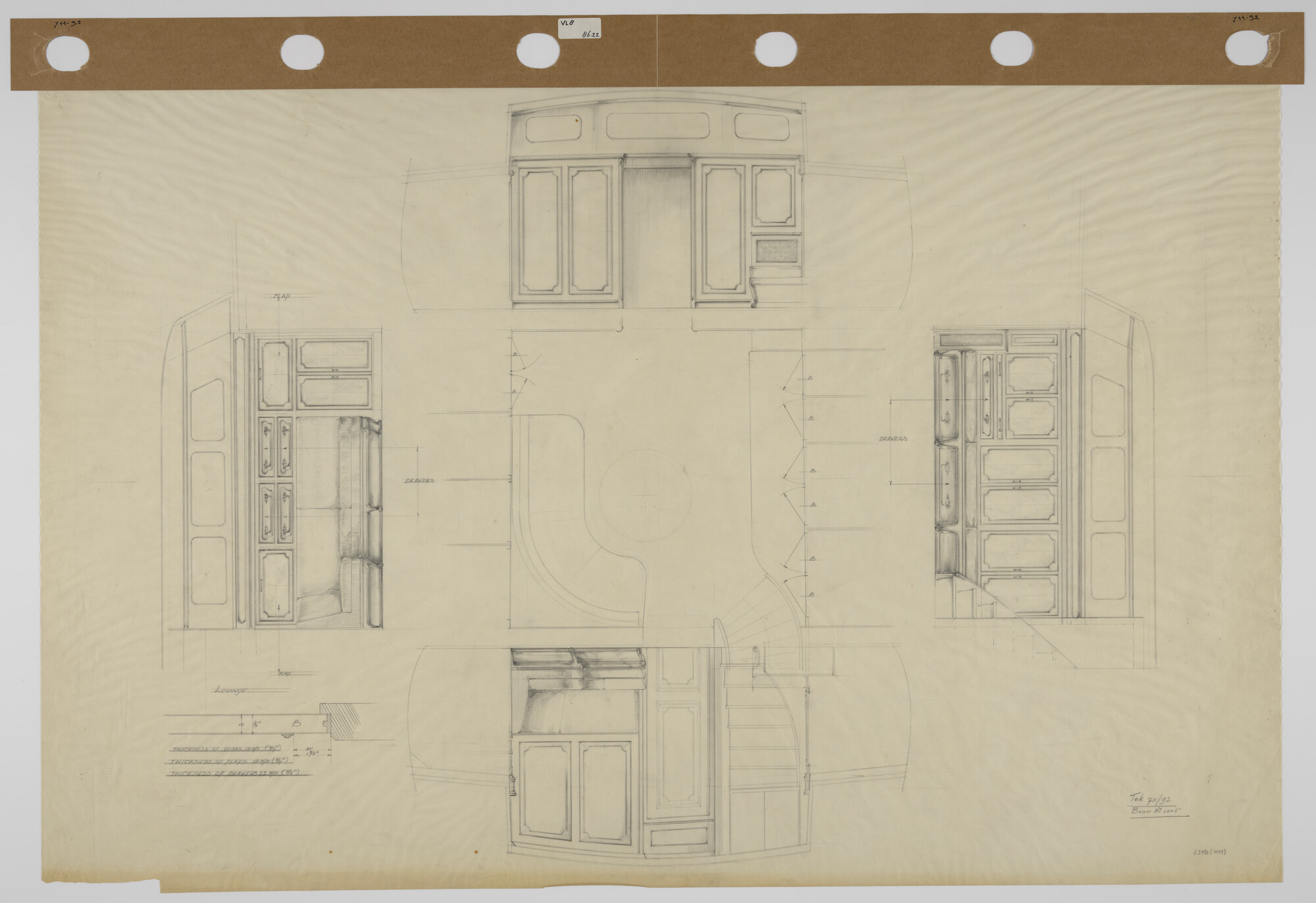 S.5180(1115); Betimmering salon van een kitsgetuigd jacht; technische tekening