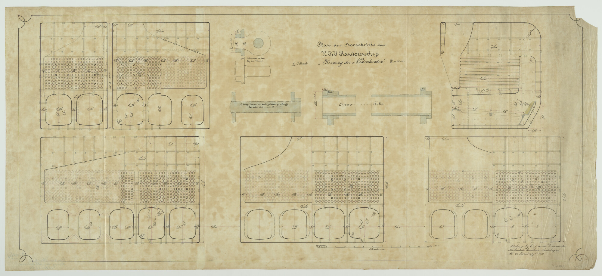 S.2175(1040); Plan voor de stoomketels van het ramtorenschip Zr.Ms. 'Koning der [.]; technische tekening