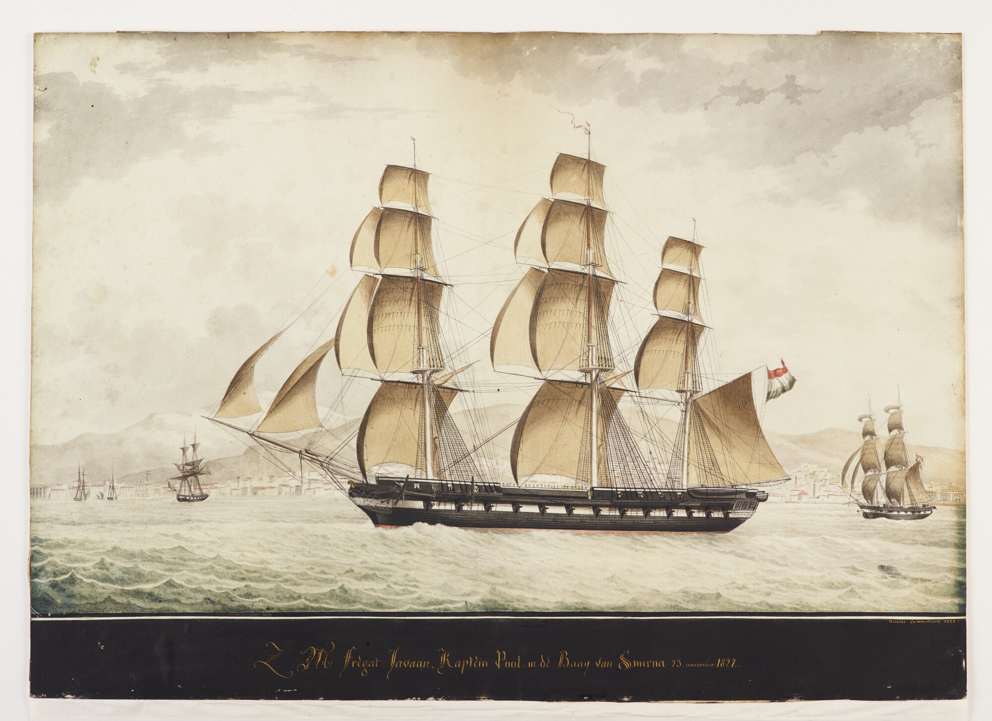 A.1733(03); Het fregat Zr.Ms. Javaan zeilend in de baai van Smirna; tekening